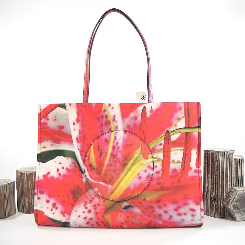 Tory Burch Bold Pink Lily Nylon Leather Large Tote Bag NWT - Picture 1 of 7
